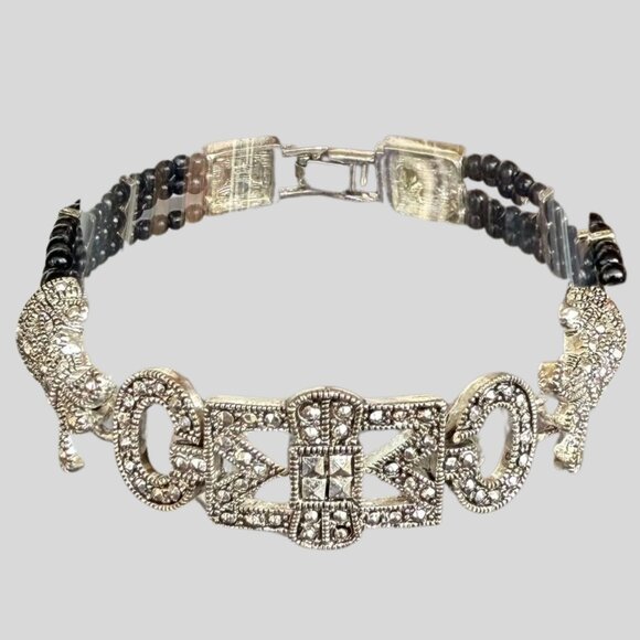 Art Deco Style Beaded Bracelet 7.5in Silver Tone Black Beads Retro - Picture 7 of 10